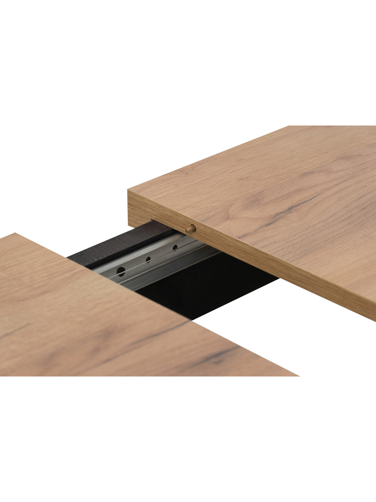 Rozkladací stôl Werona 160-200x90 cm s dubovou doskou a čiernymi nohami, detail synchronného vedenia