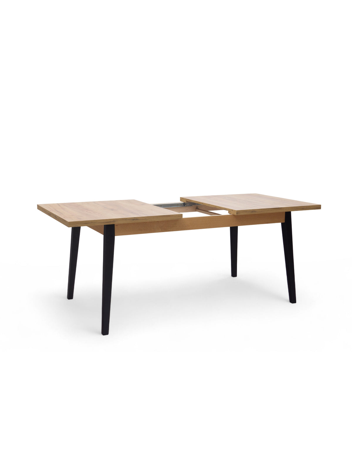 Rozkladací stôl Paris 160-200x90 cm s doskou dub craft a čiernymi nohami, rozložený pohľad