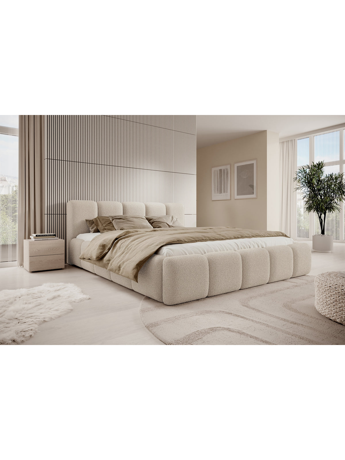 Čalúnená posteľ Tesia 160x200 v béžovom bouclé s úložným priestorom z boku