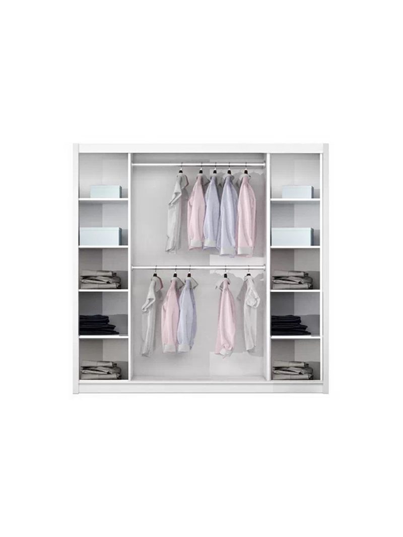 Posuvná skriňa Laris 225 cm biela matná so zrkadlom, pohľad dovnútra s policami a tyčami