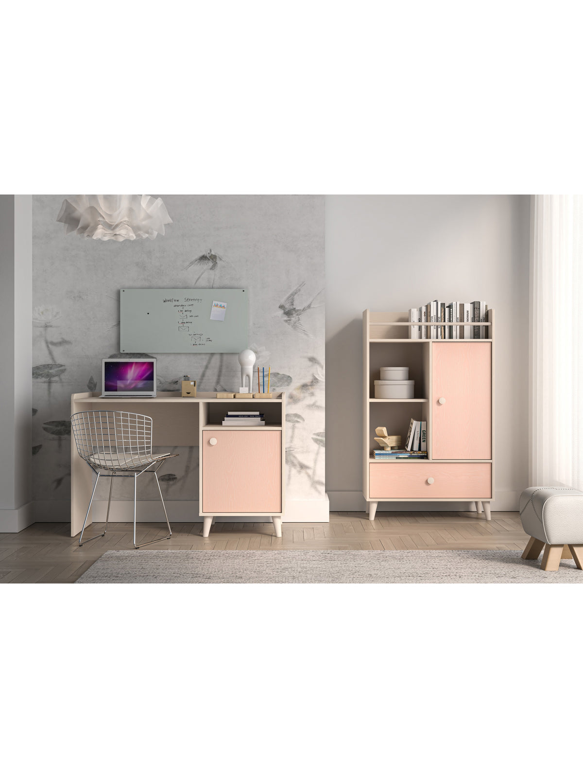 Detský písací stôl Marla 120 cm v farbe púštneho piesku s ružovým predným panelom millenial pink, bočný pohľad