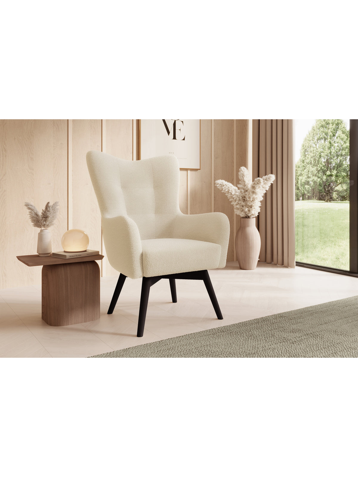 Skandinávske kreslo Uszak Nordic béžové boucle Lambi 8 s nohami wenge, pohľad spredu