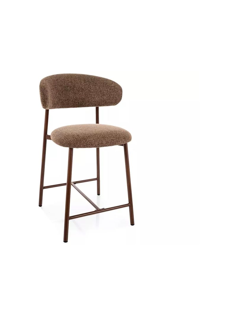 Čalúnený barový stolček Zentari cappuccino s kovovým rámom v orechovej farbe, bočný pohľad