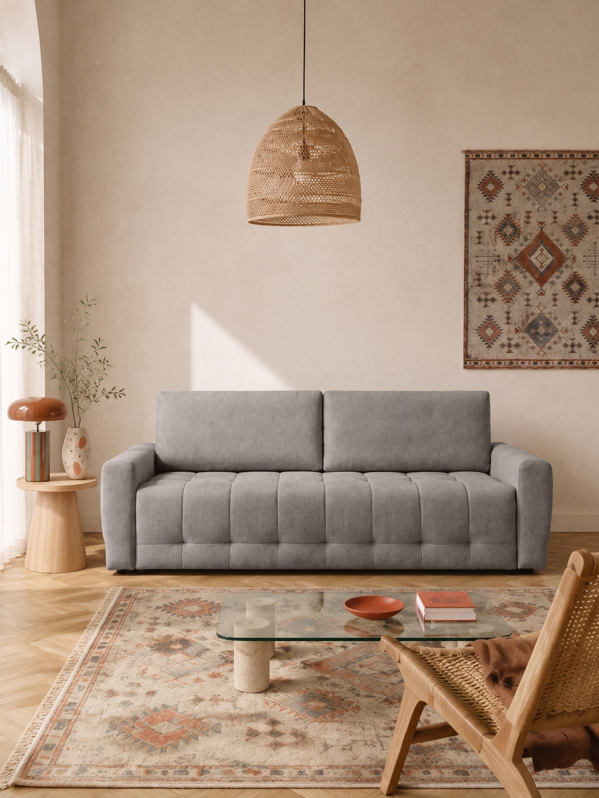 Kanapa Sorenio szara hydrofobowa tkanina Murano 847, widok frontowy, pikowane siedzisko