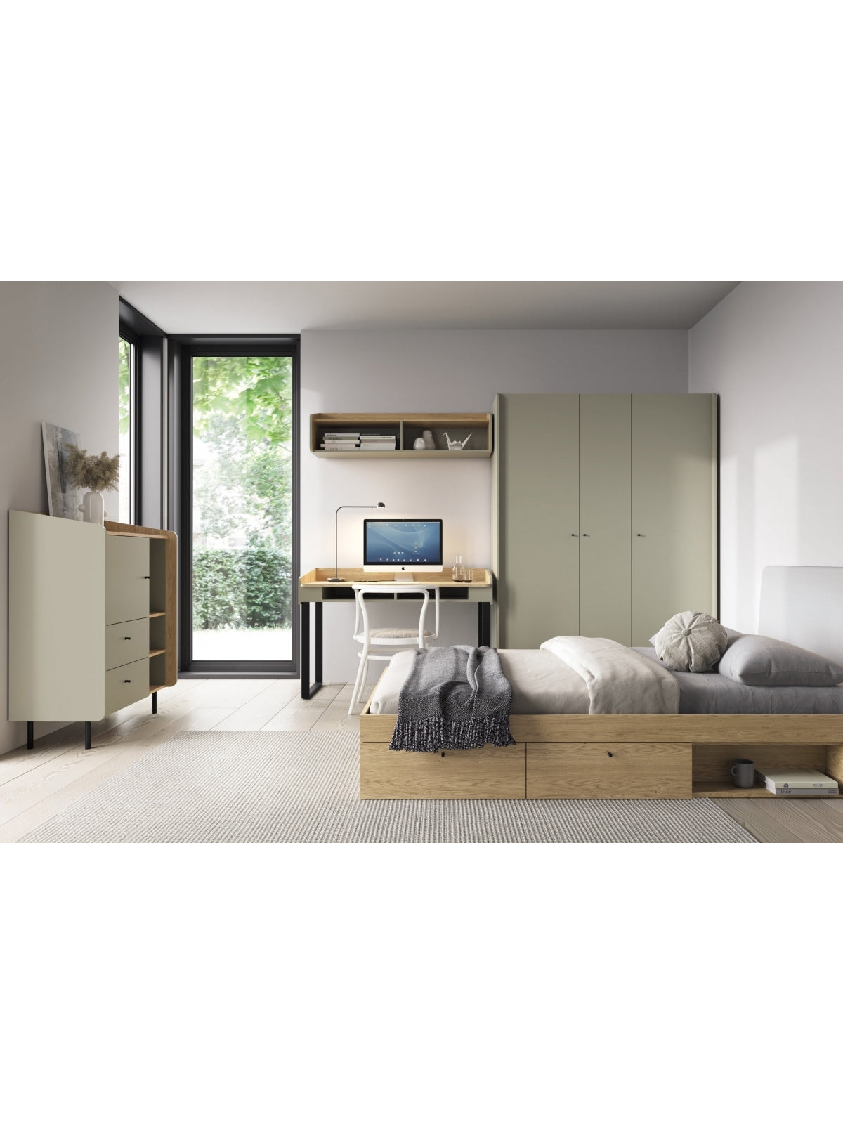 Komoda Fiorenza 95 cm s zásuvkami v farbách eukalyptus a dub baltic dune, pohľad z boku