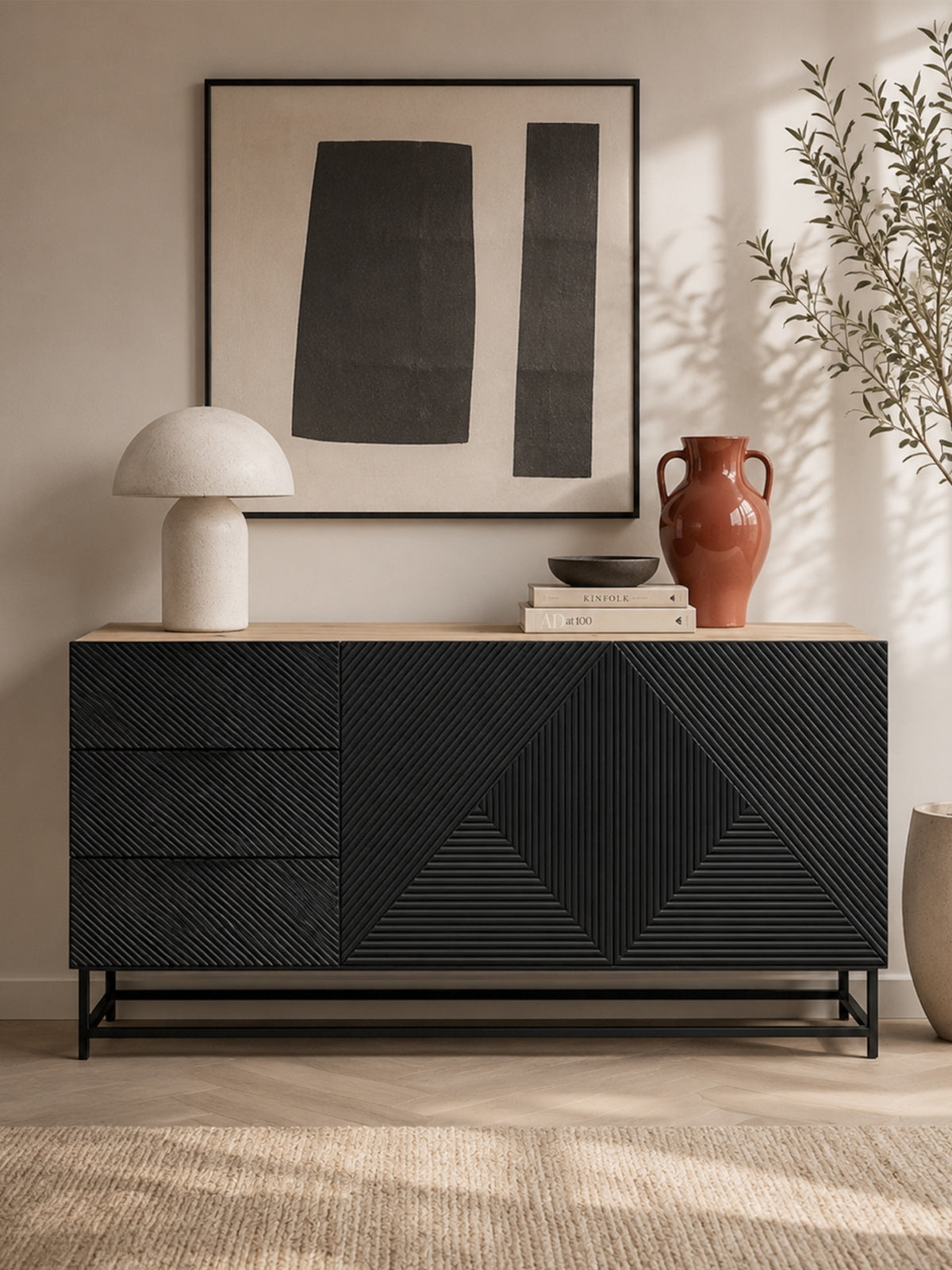 Komoda Asha 167 cm dvojdverová so zásuvkami - artisan / Čierny mat / Čierny Rošt
