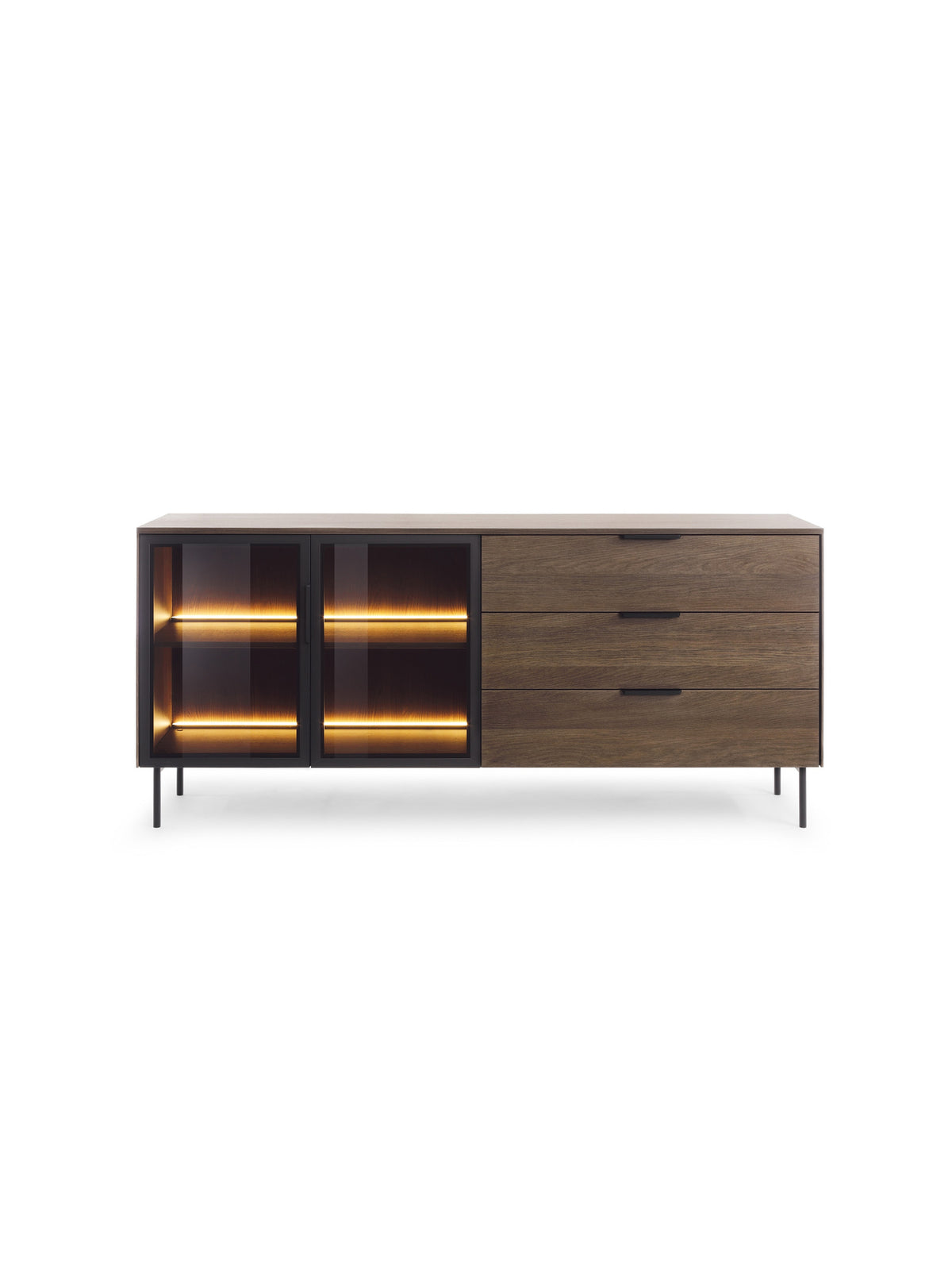 Komoda Auri 181 cm s LED osvetlením, zásuvkami, dub dunin a čiernymi nohami