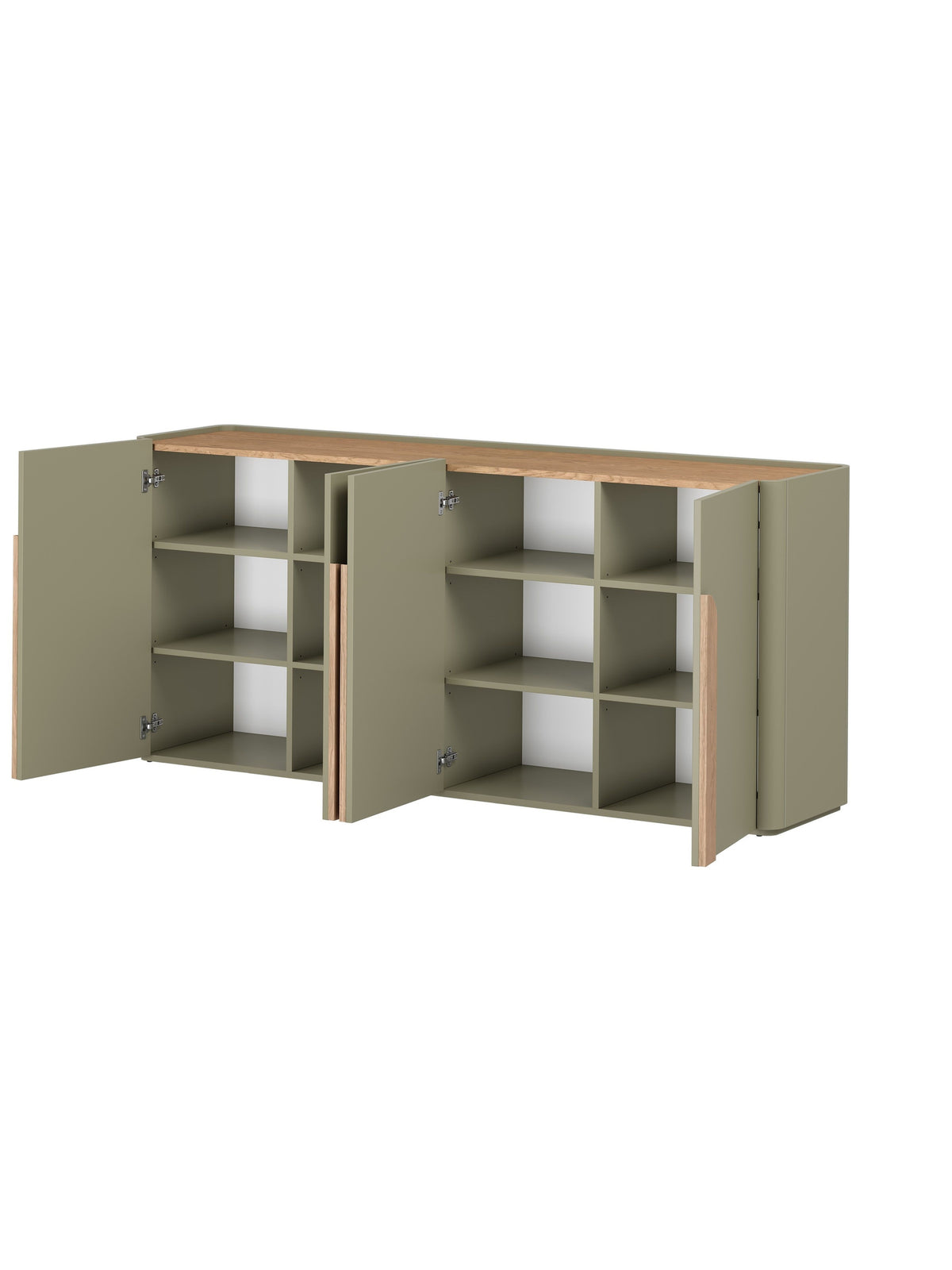 Komoda Amilio 200 cm so štyrmi dvierkami v farbe eukalyptus s doskou dub baltic dune otvorená