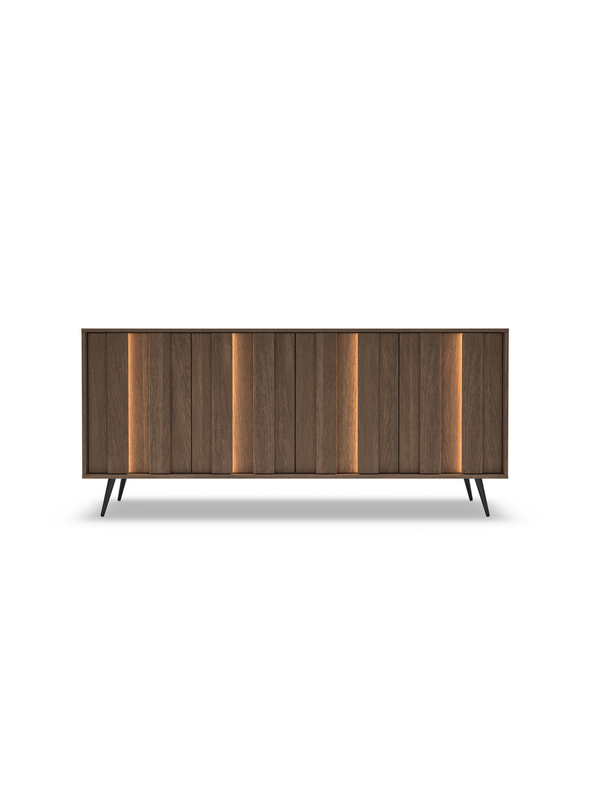 Komoda Flaro 183 cm s LED osvetlením, dub dunin, čierne kovové nohy, moderný štýl