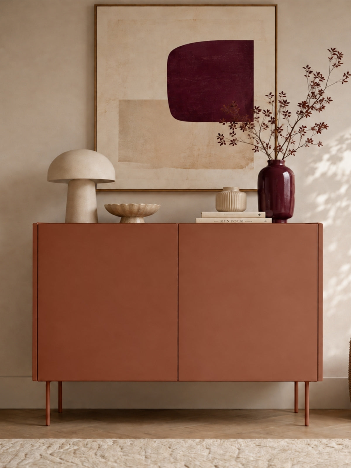 Komoda Desin 120 cm dvojdverová v farbe ceramic red s doskou dub nagano