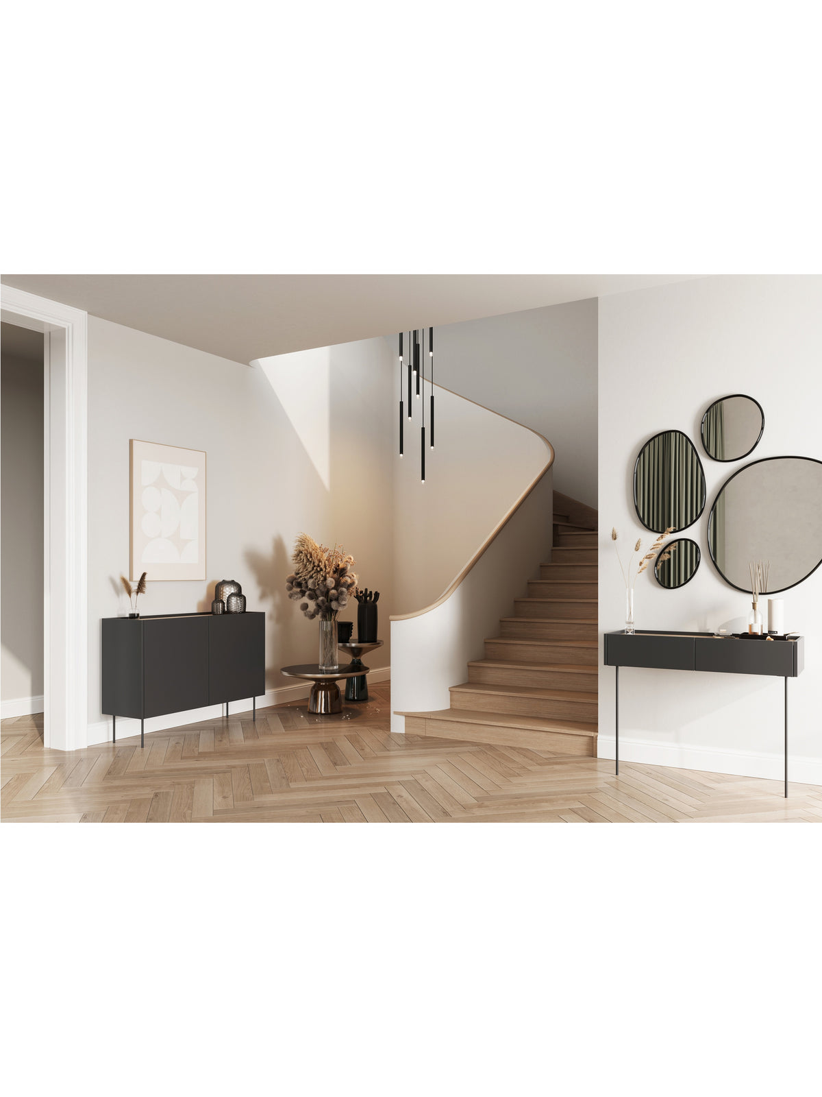 Komoda Desin 120 cm dwudrzwiowa czarny mat z blatem dąb nagano w aranżacji