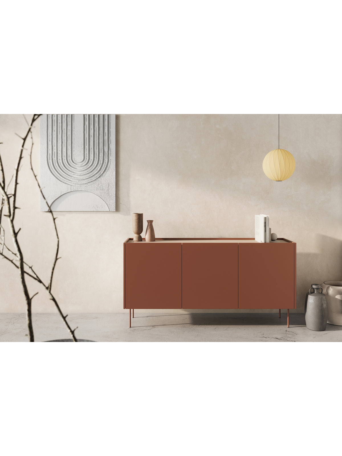 Komoda Desin 170 cm trojskrinková v ceramic red s dubovou doskou