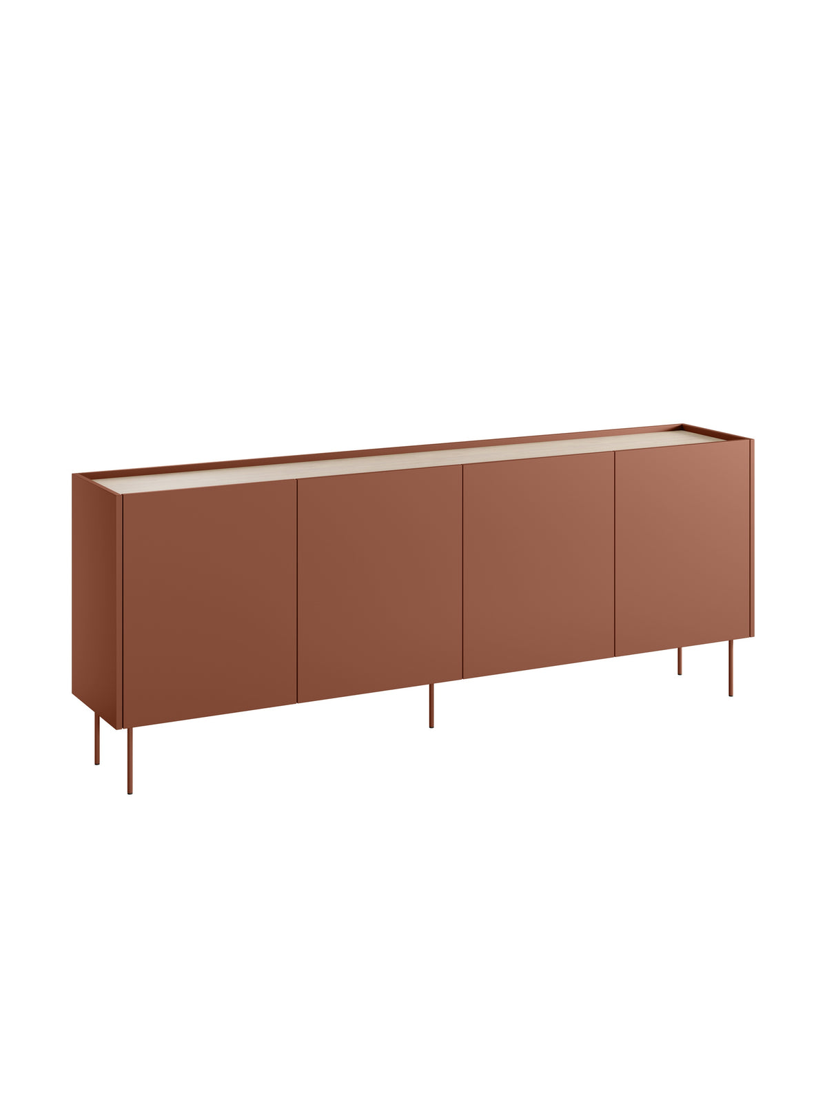 Komoda Desin 220 cm so štyrmi dvierkami v farbe ceramic red s doskou dub Nagano
