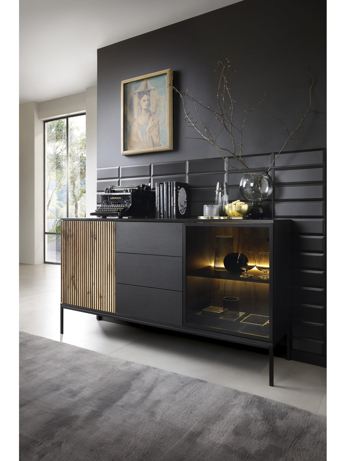 Komoda dvojdverová Bogalo 154 cm so zásuvkami i oswietleniem LED - Čierny / Dub wotan