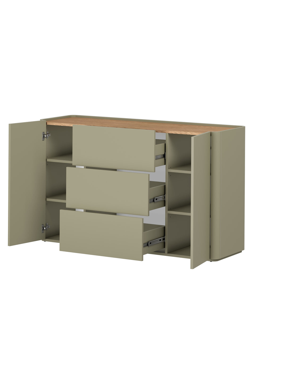 Komoda Elivo 150 cm olivová s zásuvkami a dvierkami, doska dub baltic dune