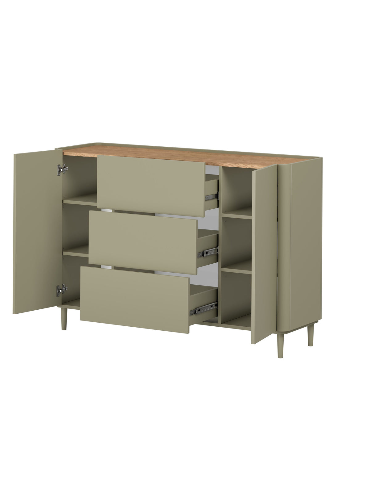 Komoda Elivo 150 cm so zásuvkami a dvierkami v eukalyptovej farbe s doskou dub baltic dune
