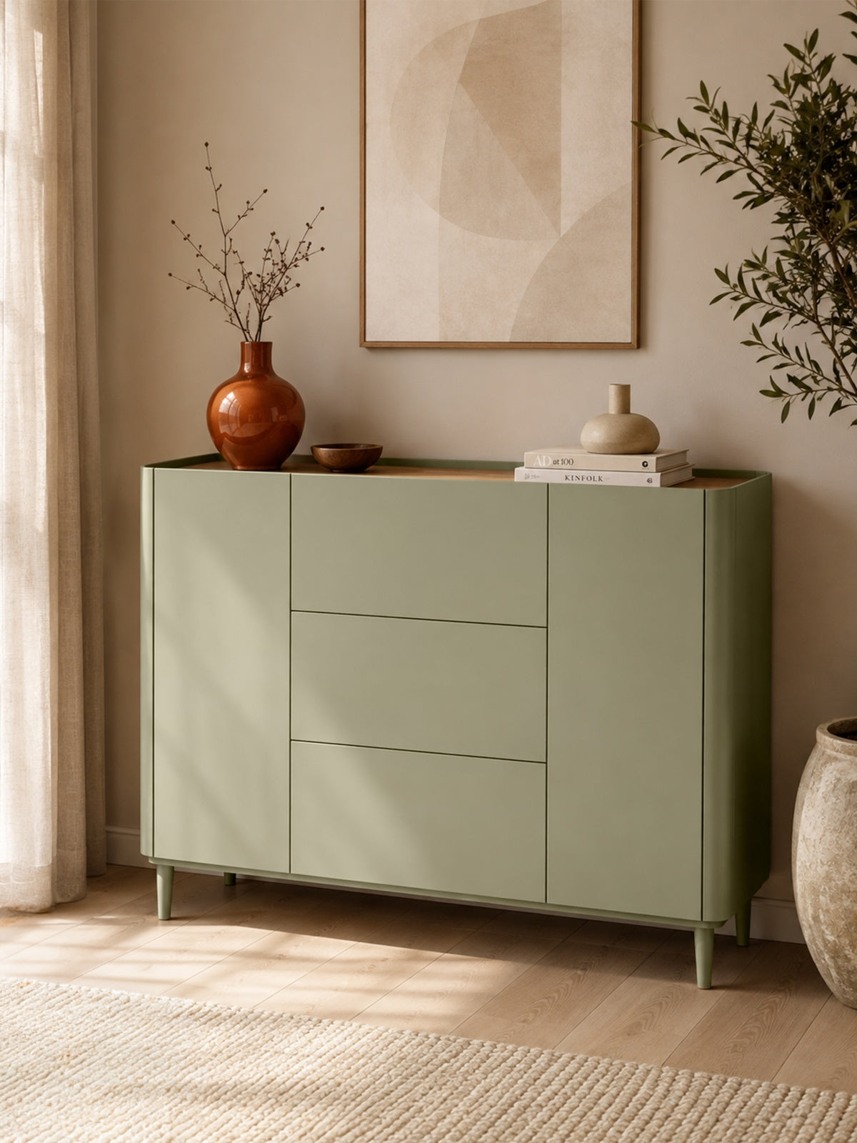 Komoda Elivo 150 cm s zásuvkami na nohách v farbe eukalyptus s doskou dub baltic dune
