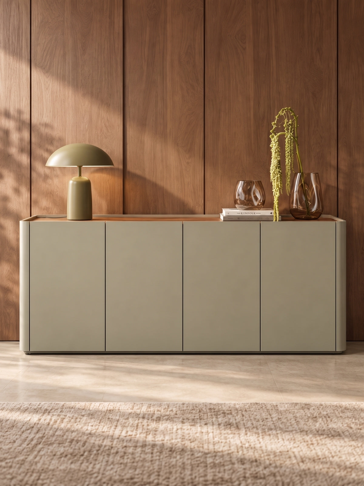 Komoda Elivo 200 cm so štyrmi dverami v eukalyptovej farbe s doskou dąb baltic dune, moderná bez úchytiek