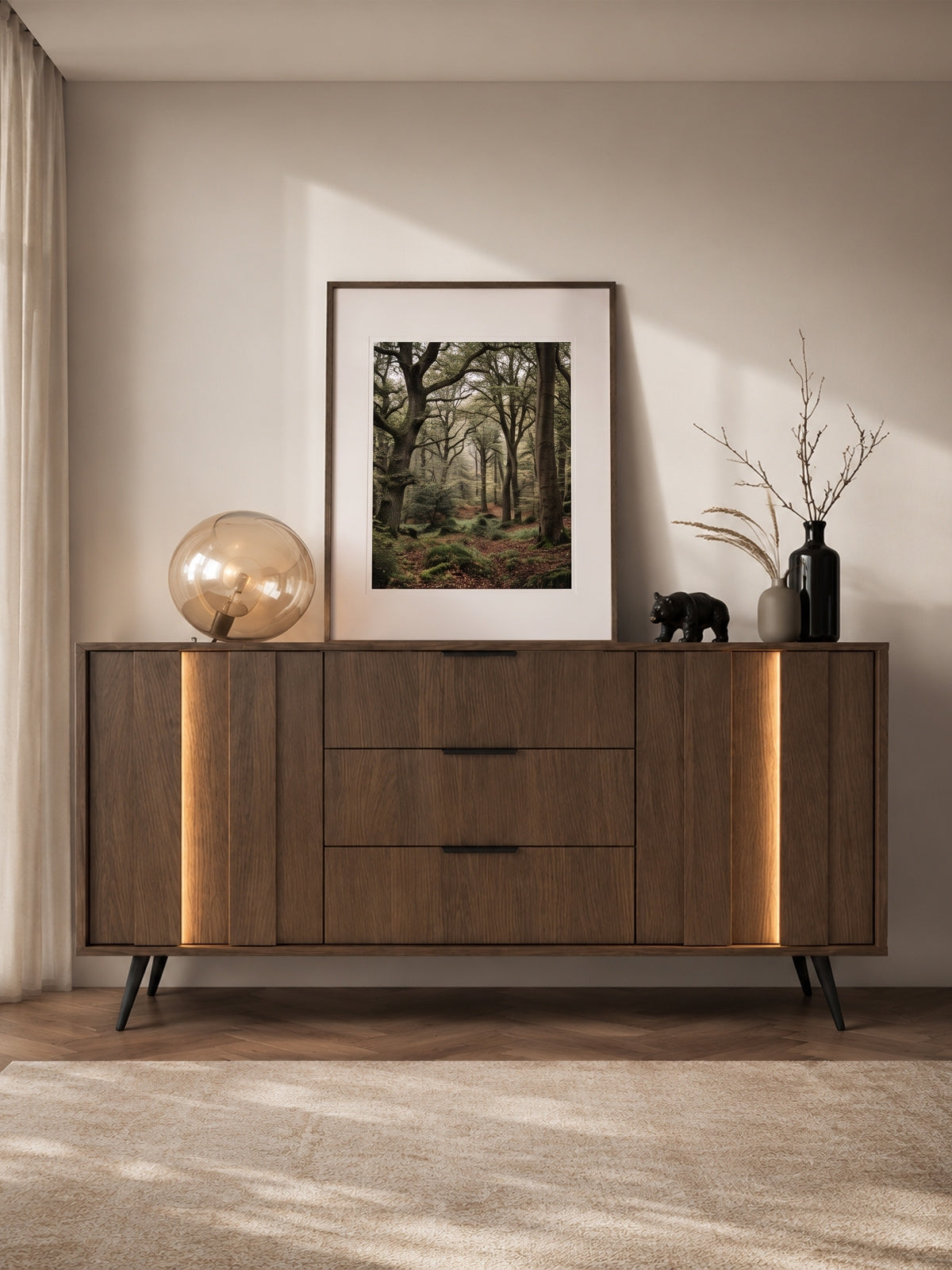 Komoda Flaro 153 cm so zásuvkami a teplým LED osvetlením, farba dub dunin