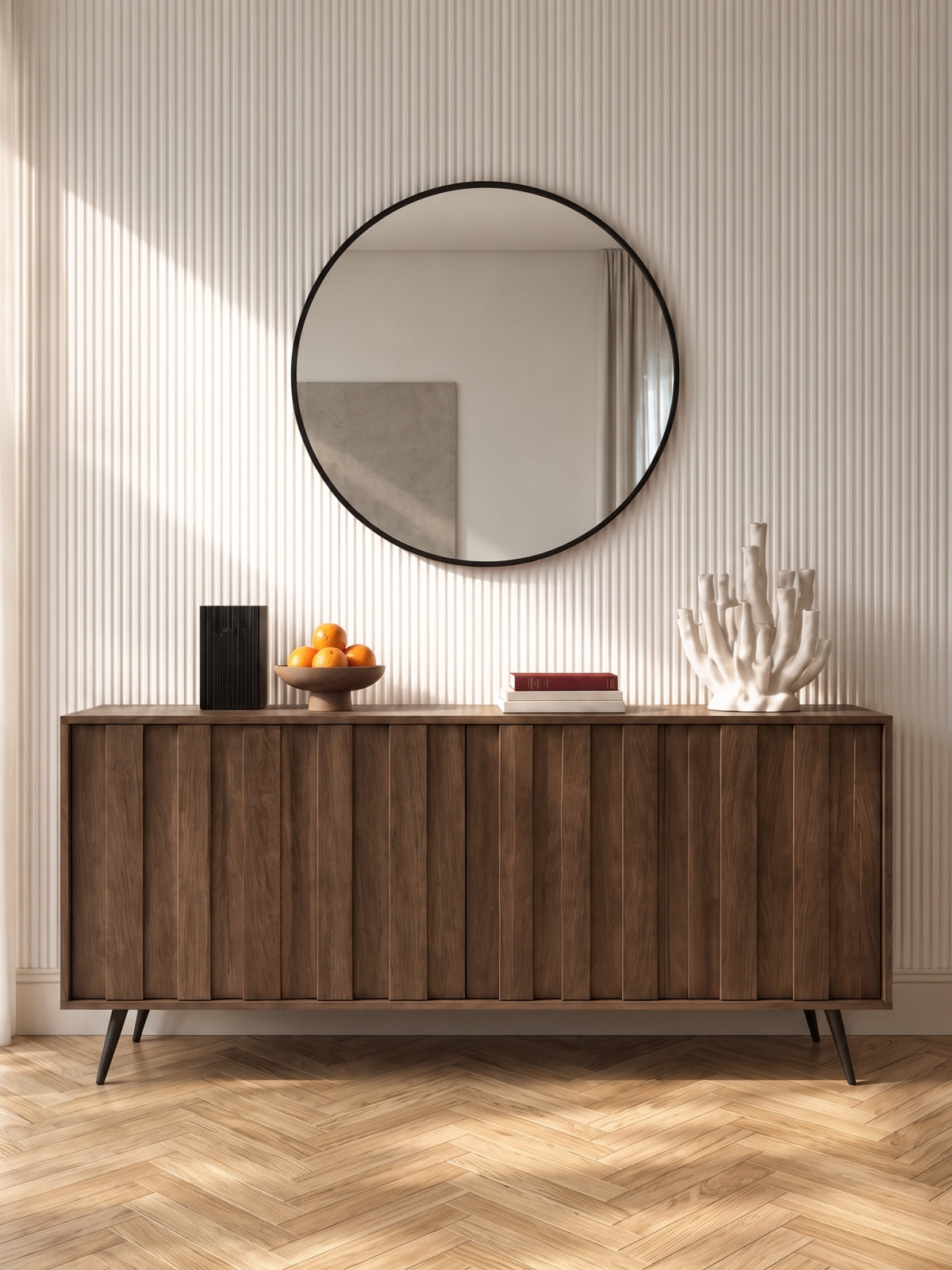 Komoda Flaro 183 cm v farbe dub dunin s čiernymi nohami a teplým LED osvetlením