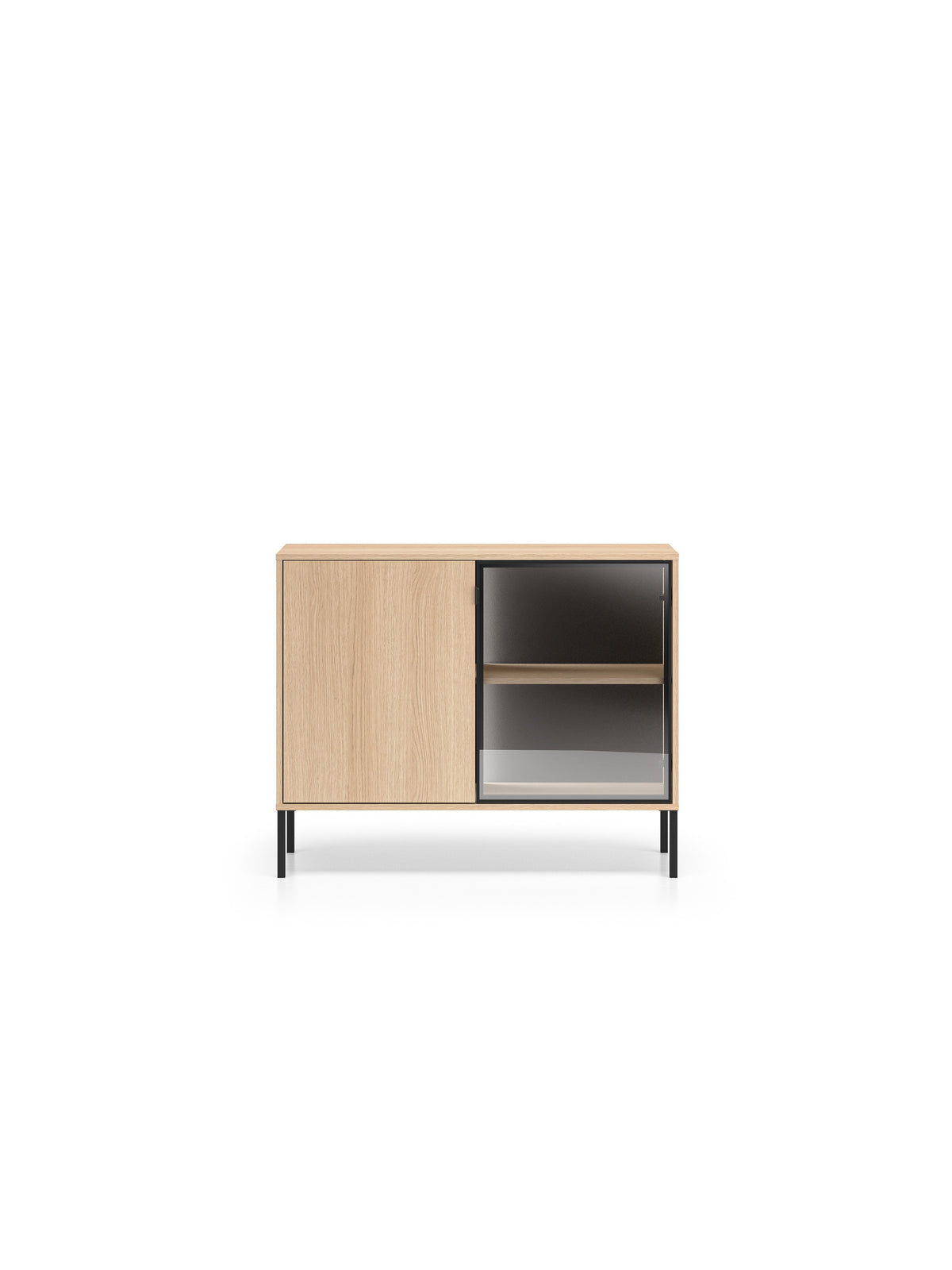 Komoda Harmona 107 cm s dvoma dverami a LED osvetlením, dub lindberg, čierne nohy
