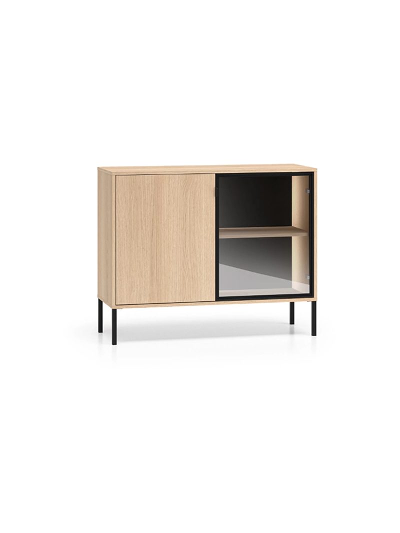 Komoda Harmona 107 cm dvojdverová s LED osvetlením, dub lindberg, čierne nohy