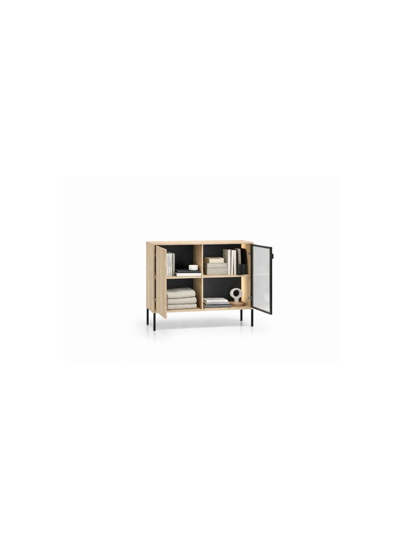 Komoda Harmona 107 cm s dvomi dverami a LED osvetlením, dub lindberg, čierne nohy