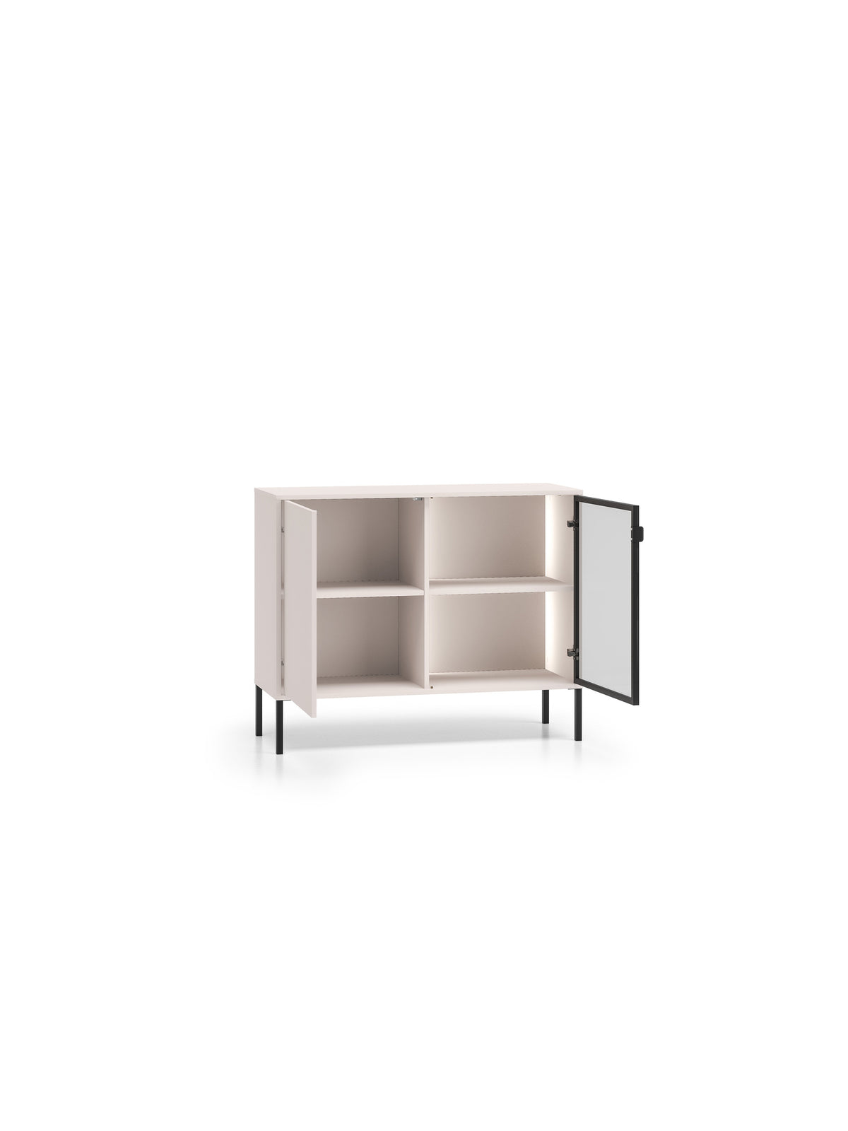 Komoda Harmona 107 cm so 2 dverami v kašmírovom prevedení s LED osvetlením, otvorené dvere s hliníkovým rámom