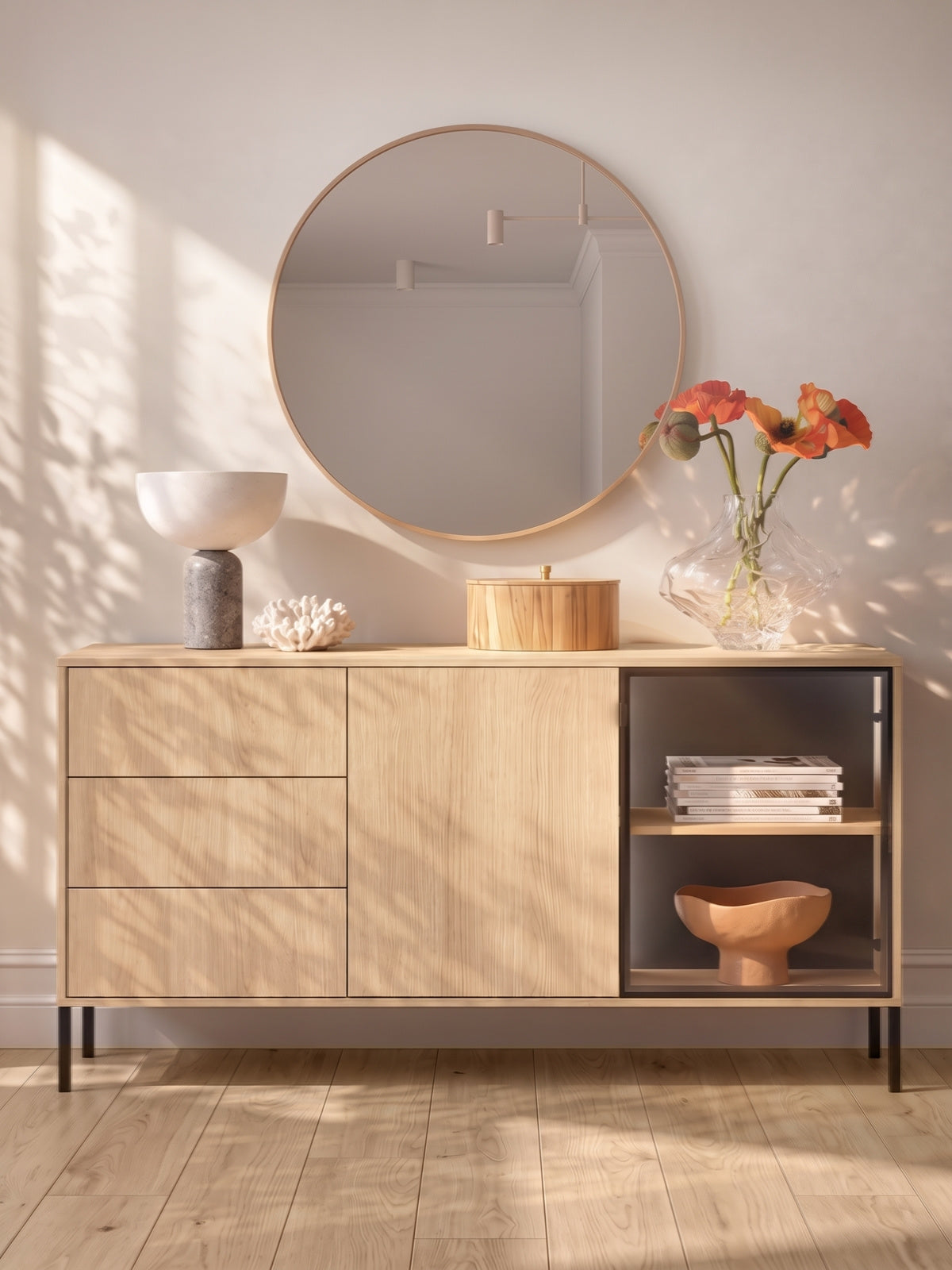 Komoda Harmona 160 cm s dreveným dekorom dub lindberg, čierne nohy a LED osvetlenie