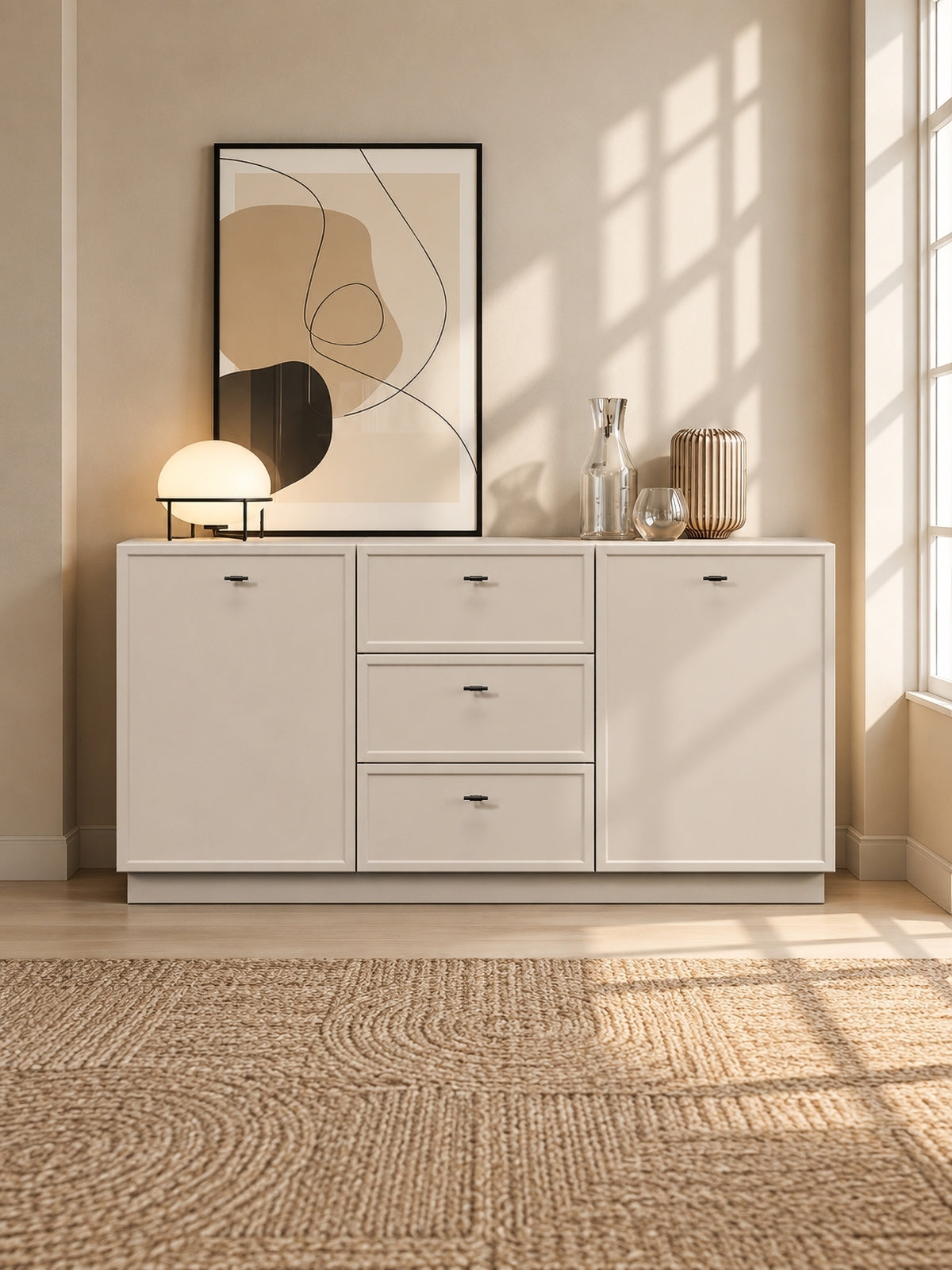 Komoda Lorini 150 cm so zásuvkami - kašmír / čierny úchyty T-bar