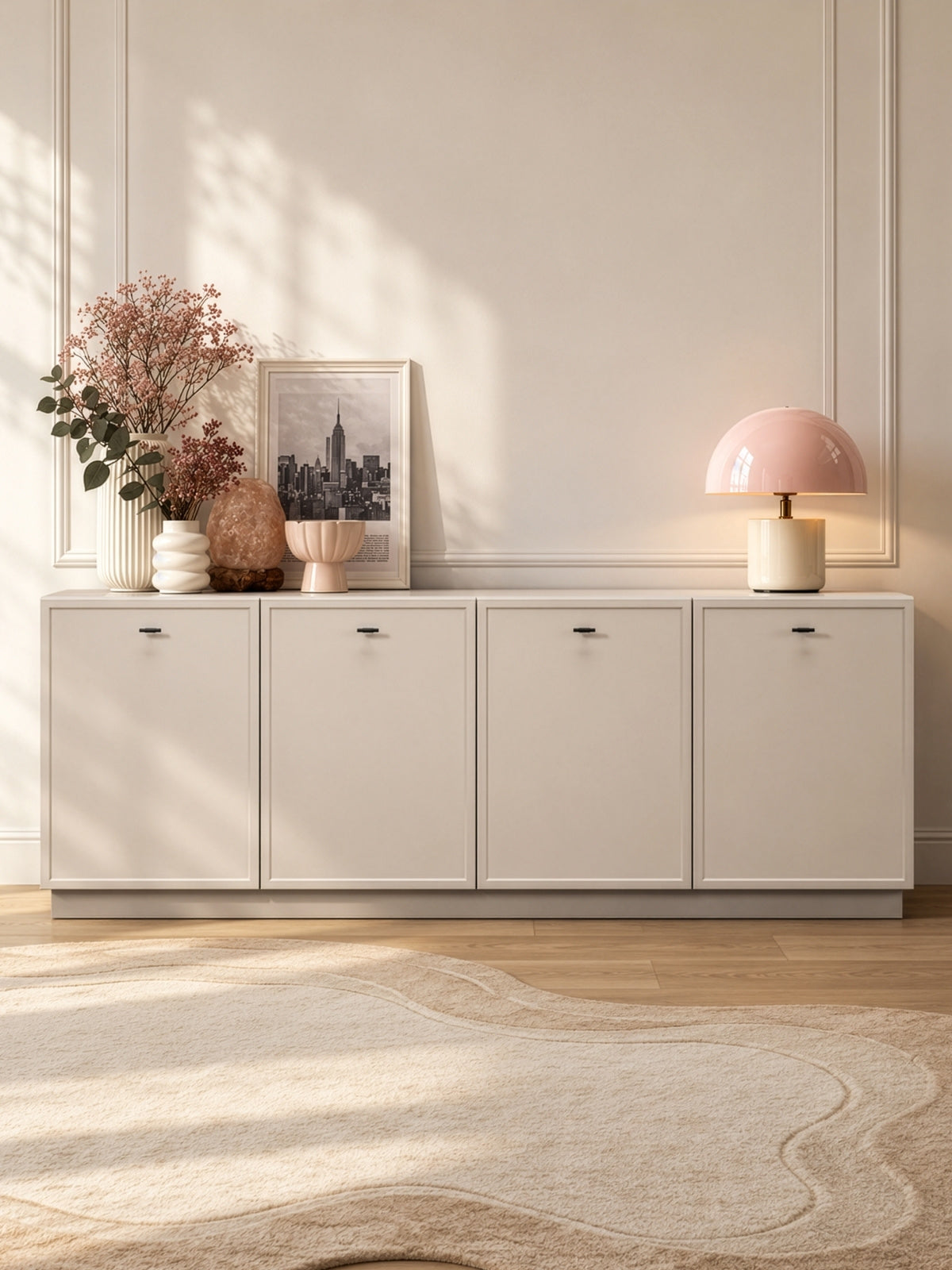 Komoda Lorini 200 cm štvordverová - kašmír / čierny úchyty T-bar