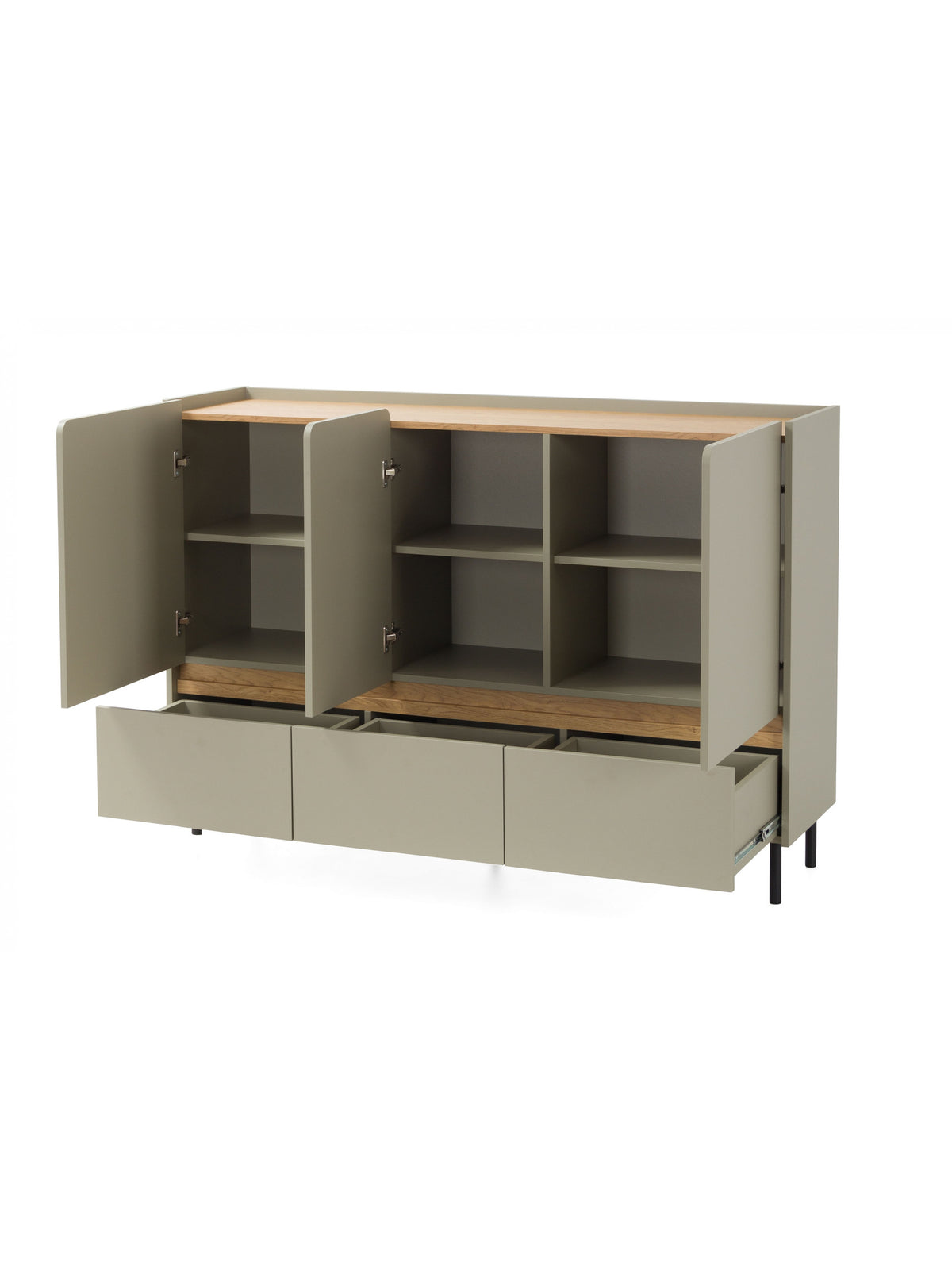 Komoda Altea 150 cm so zásuvkami a dverami v farbách eukalyptus a dub baltic dune, pohľad do vnútra