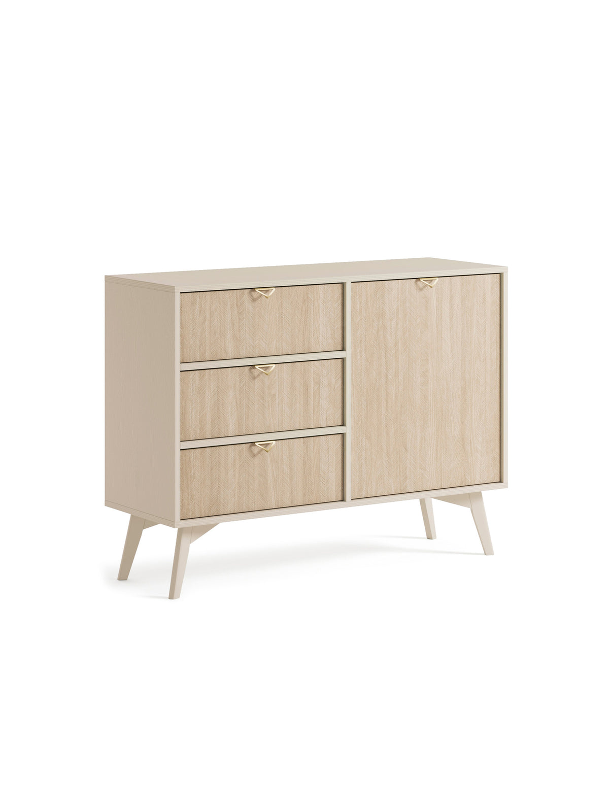 Komoda Lumira 106 cm piesková s dizajnom skandinávskej rybej kosti, 3 zásuvky a 1 dvierka