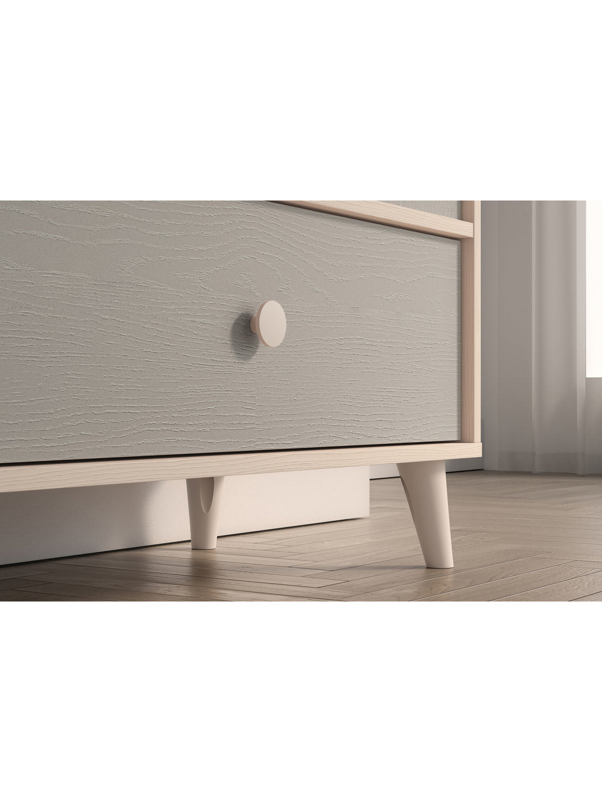 Detská komoda Marla 80 cm v farbách púštna piesok a sivý pallád, detail nôh a zásuvky