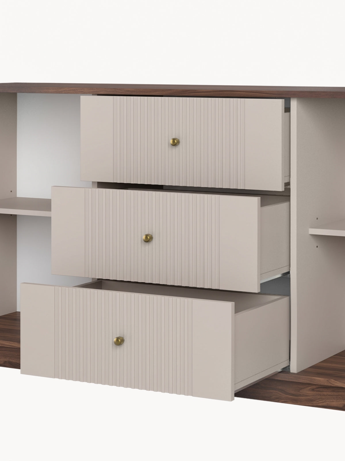 Komoda Vesper 160 cm so zásuvkami na sokelu - kašmír / Orech / zlote úchyty