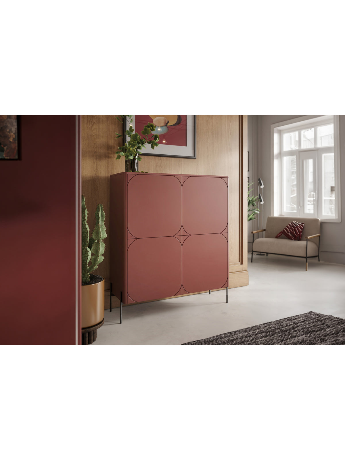Komoda vysoká Sonatia 120 cm dvojdverová s dvoma ukrytymi zásuvkami - burgund