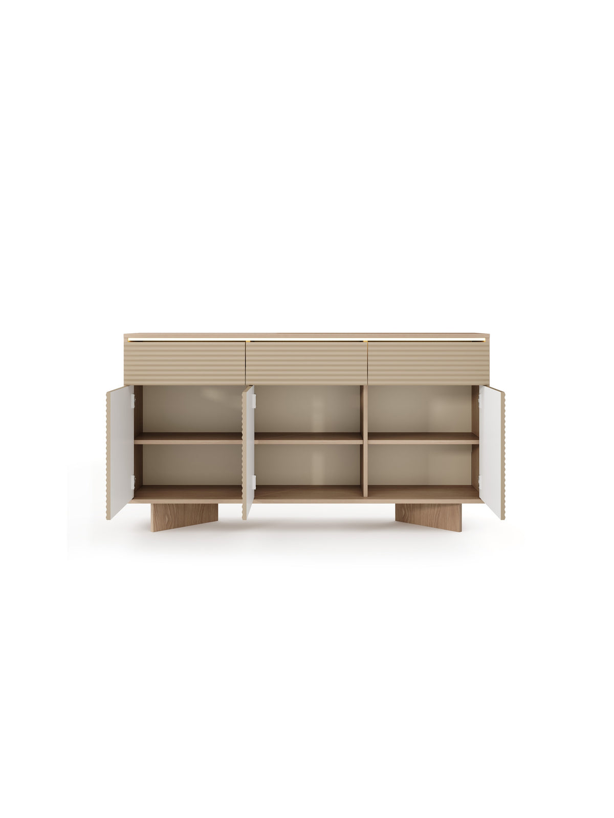 Komoda so zásuvkami Erini 154 cm bolivar natural korpus a cappuccino ryhovaný front