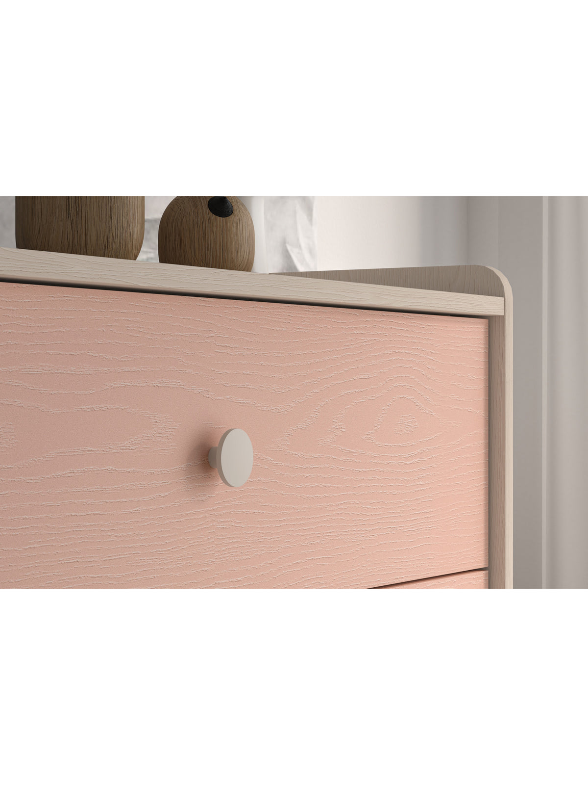Detská komoda Marla 90 cm s tromi ružovými zásuvkami, front millenial pink, korpus pieskový