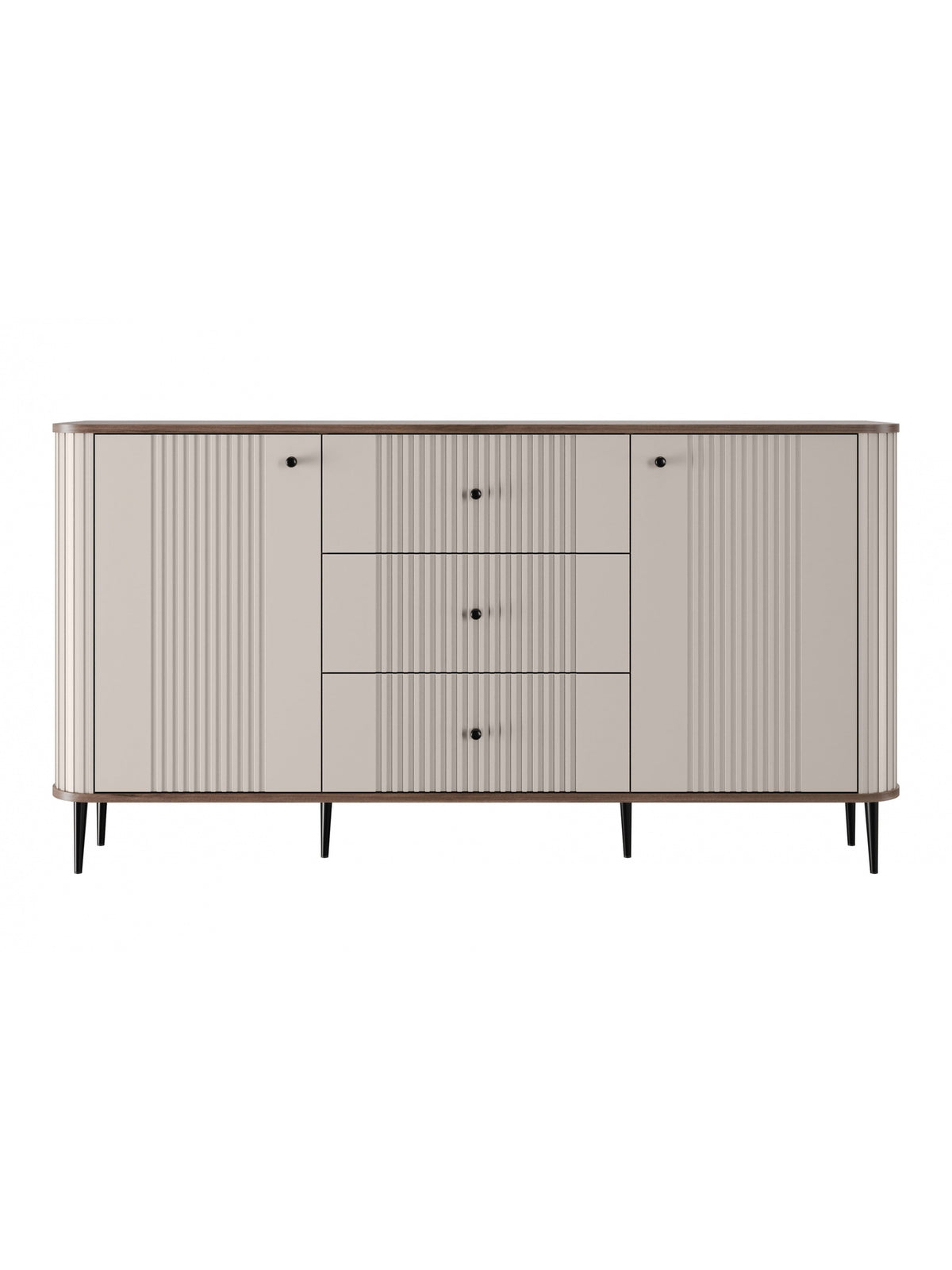 Komoda Vesper 160 cm v kasmírovej farbe so zásuvkami a čiernymi nohami, ryhovaný front