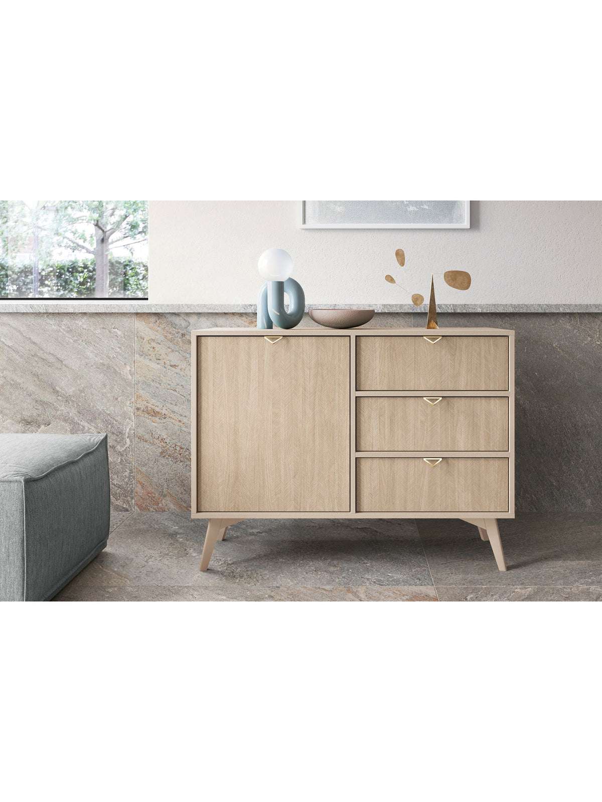 Komoda Lumira 106 cm piesková s javorovým vzorom, 1 dvere a 3 zásuvky