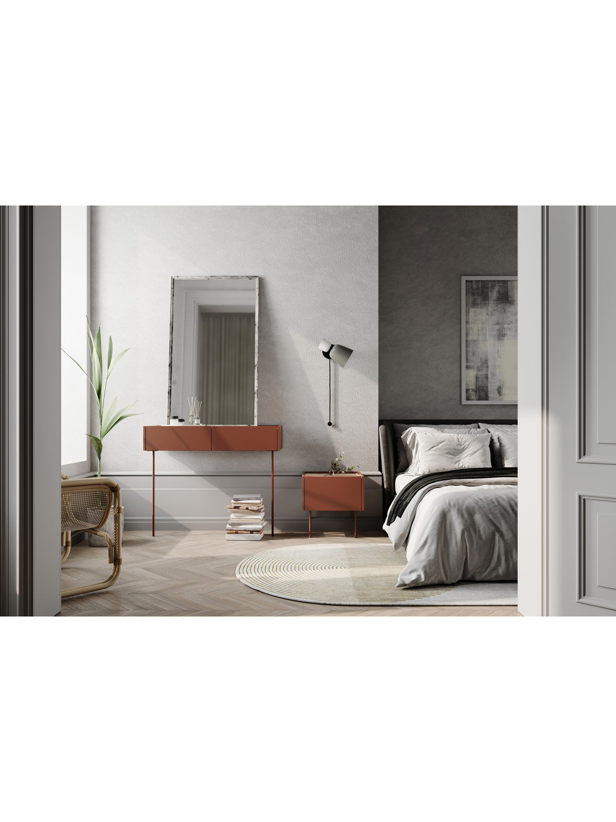 Toaletný stolík Desin 100 cm ceramic red s červeným predným panelom a dubovou doskou