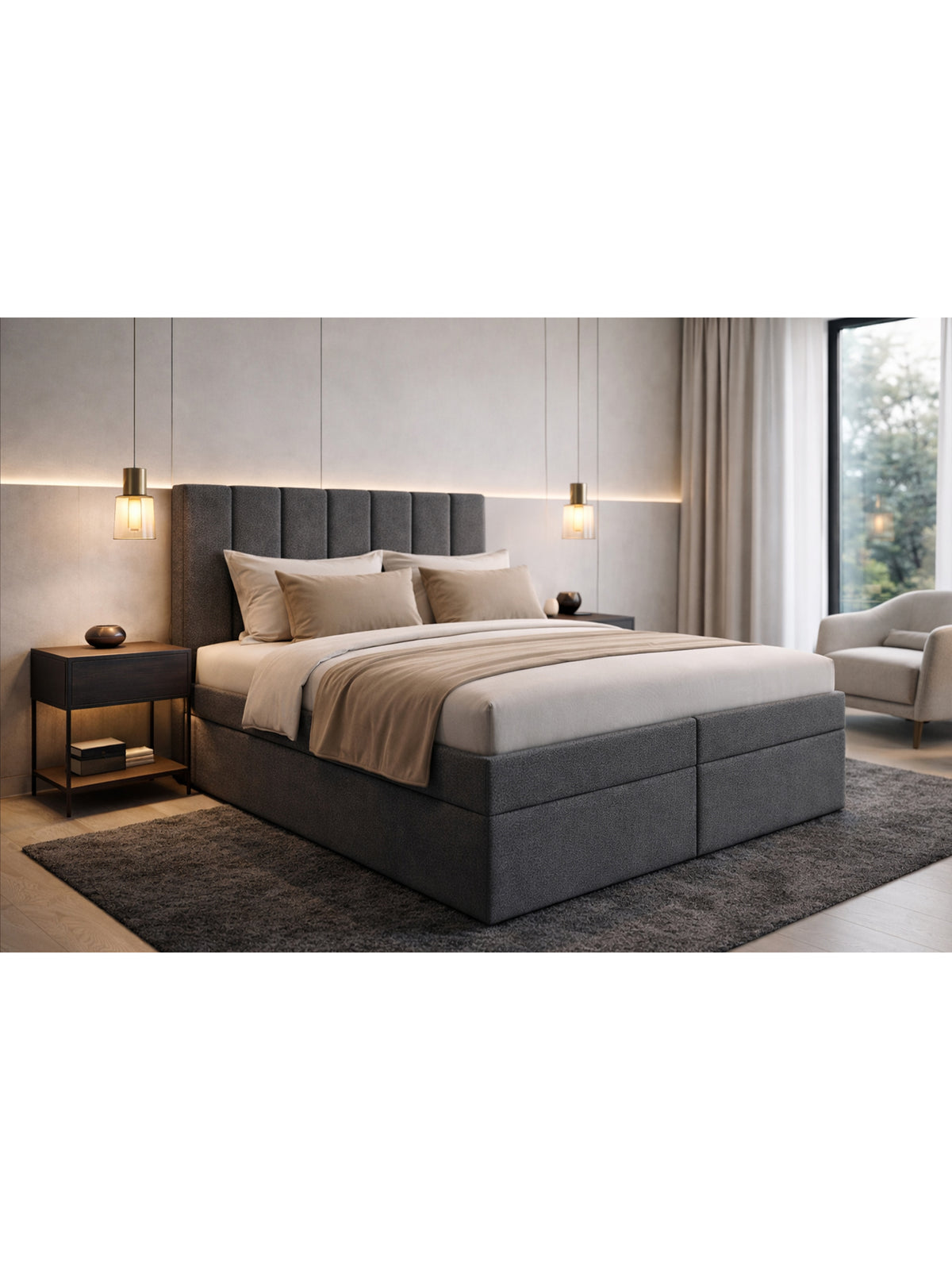 Kontinentálna posteľ Mareli 160x200 tmavá sivá boucle látka s úložnými boxmi z profilu