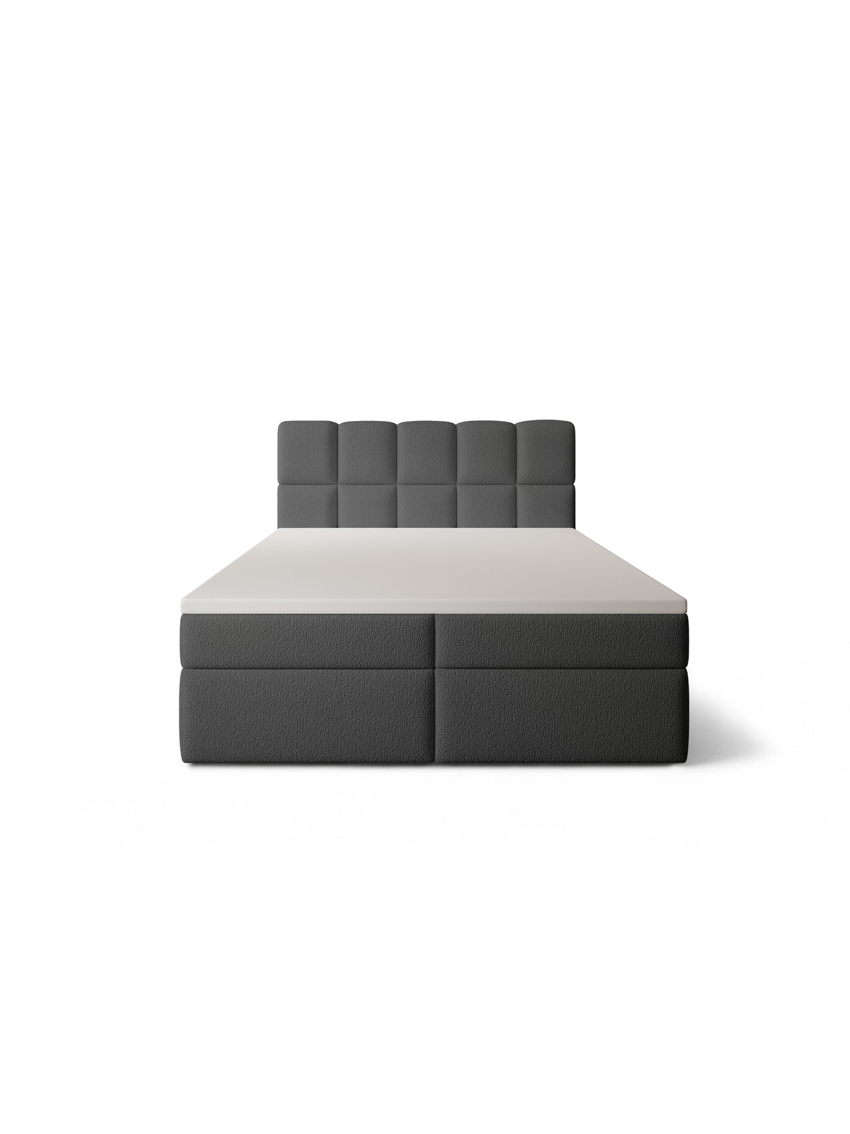 Kontinentálna posteľ Carello 160x200 v tmavosivej buklovine Quelle 92 s úložnými boxami, čelný pohľad