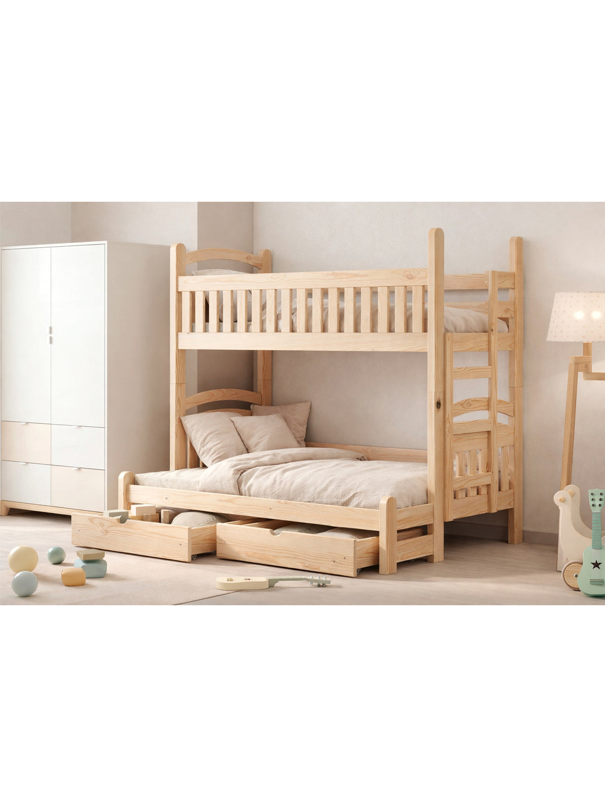 Poschodová posteľ Amely Maxi 90x200/140x200 pravá s dreveným rebríkom a úložnými zásuvkami