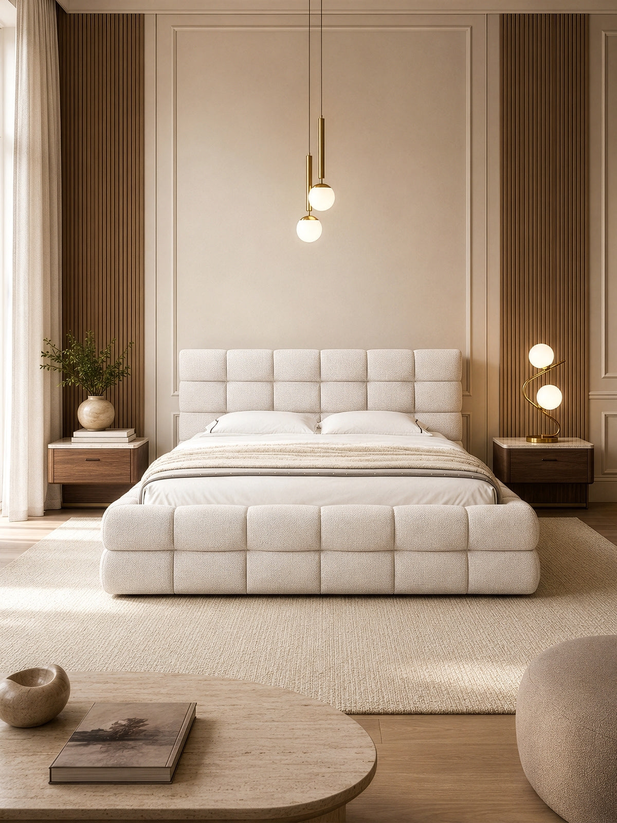 Čalúnená posteľ Bellmora 160x200 v béžovej boucle látke s úložným priestorom, pohľad spredu