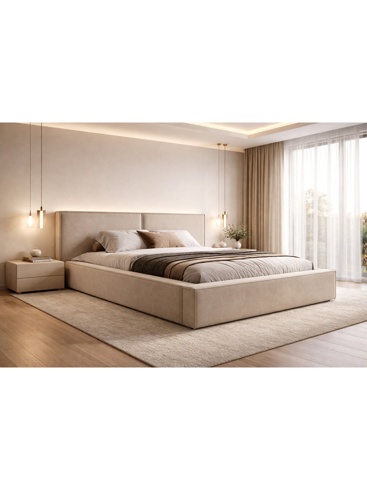Čalúnená posteľ Molino 160x200 v béžovom velúri Castel 15 s úložným priestorom, bočný pohľad