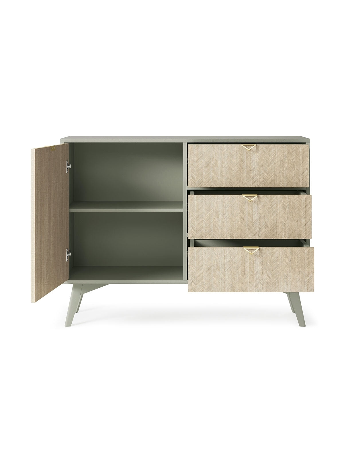 Komoda Lumira 106 cm olivová so zásuvkami, predný panel v škandinávskom vzore rybej kosti, zlaté úchytky, otvorené dvere