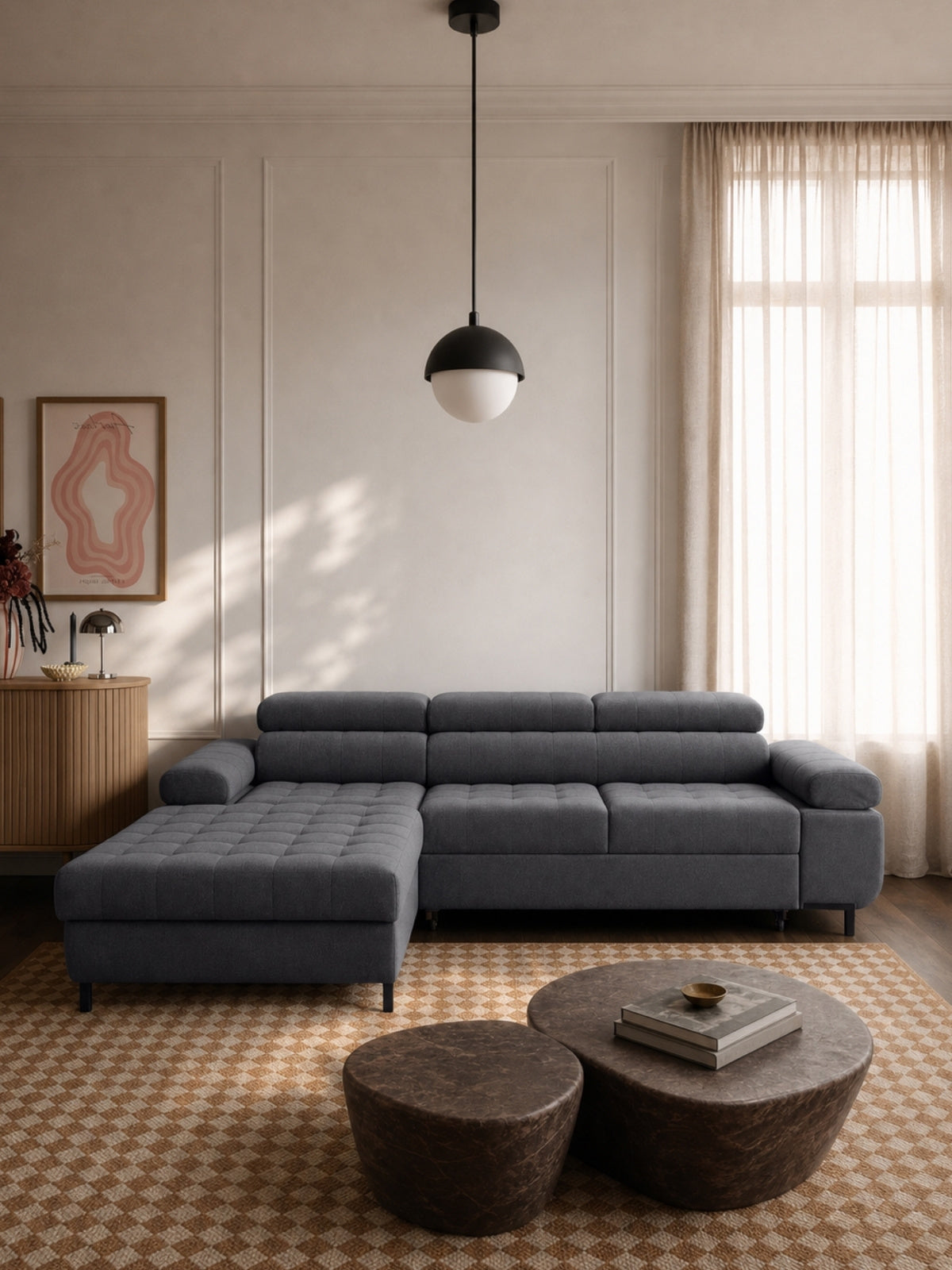 Narożnik Tyrion L II lewostronny szary szenil Vibe 95, nowoczesny design, widok frontowy