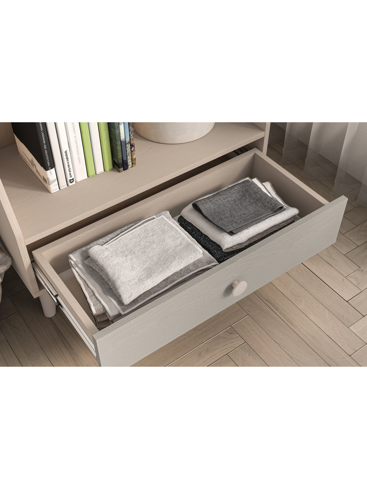 Detský regál Marla 72 cm so zásuvkou, korpus piesok púšte, front sivý pallád