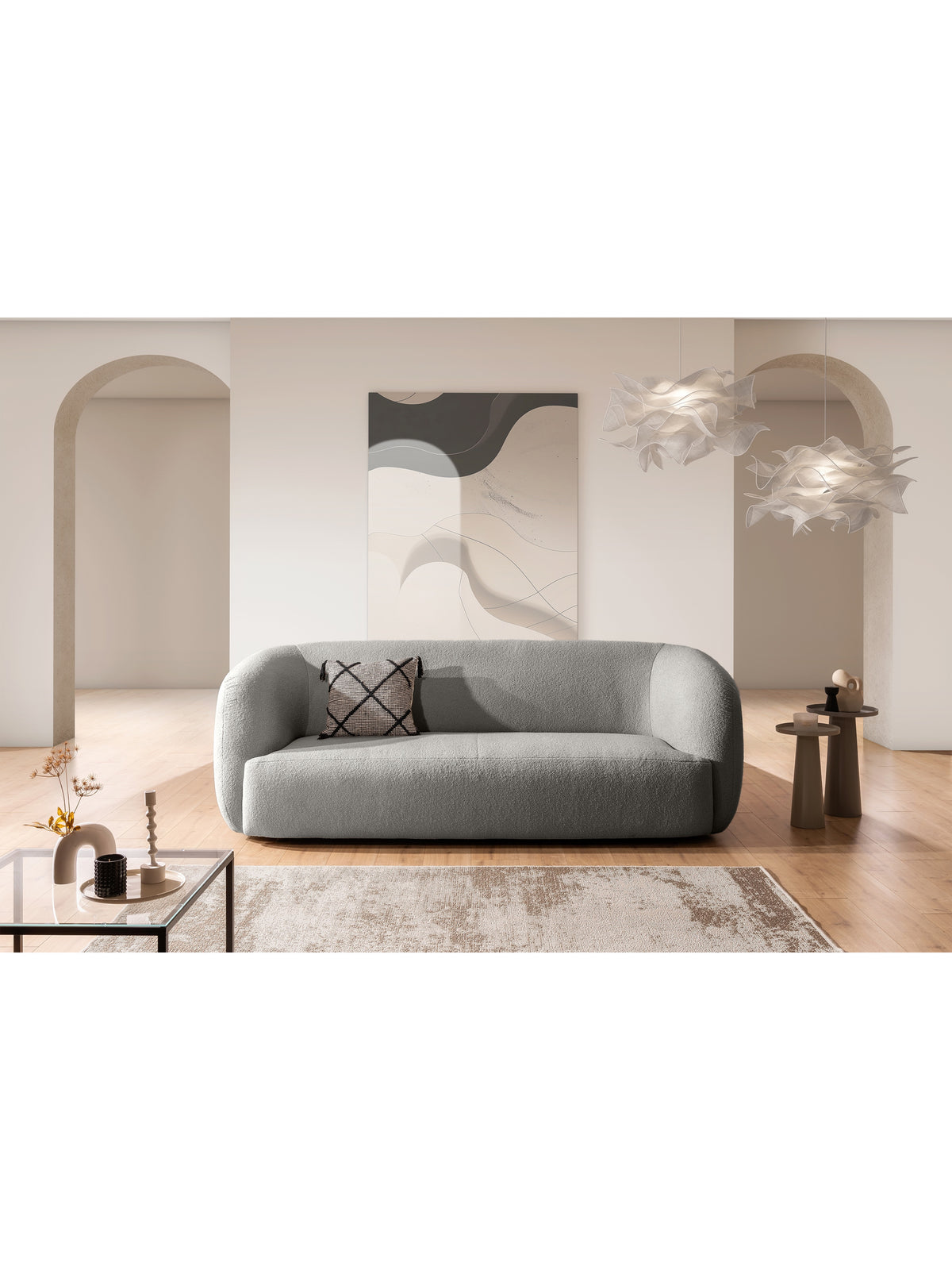 Szara sofa do salonu Dalin III z tkaniny bouclé Lambi 11, trzyosobowa, nowoczesna